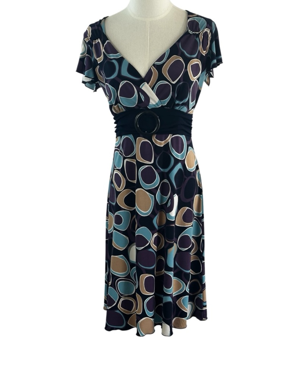 Volume One Abstract Retro Print Midi Dress Size S Blue Teal Tan Belted Flowy